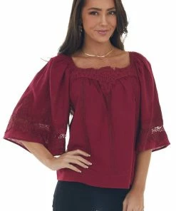 Umgee Maroon Flare Sleeve Lace Trim Blouse