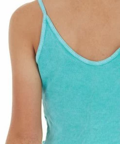 Trend Notes Tops Rich Teal Mineral Wash Sleeveless Waffle Knit Crop Top