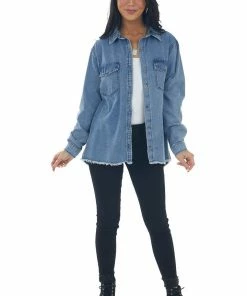 Umgee Medium Wash Button Up Frayed Hem Denim Top