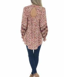 Umgee Tops Peach Floral Babydoll Bubble Sleeve Blouse