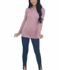 ZENANA Tops Mauve Solid Soft Knit Top With Long Sleeves