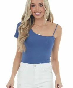 Peach Love Tops Sapphire Blue Asymmetrical Sleeved Ribbed Knit Bodysuit
