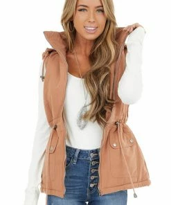 HYFVE Dusty Salmon Sleeveless Zip Up Vest With Mock Neckline Outerwear