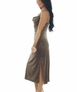 She + Sky Taupe Cowl Neck Sleeveless Velvet Midi Dress Dresses
