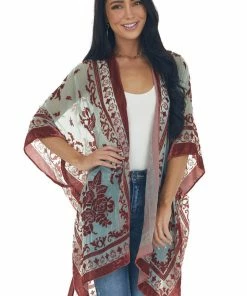 ANGIE Teal Floral Textured Velvet Chiffon Kimono Tops