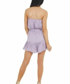 She + Sky Dresses Lavender Silky Strapless Woven Romper With Front Tie Detail