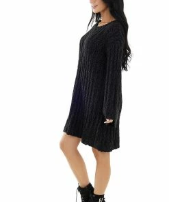 Peach Love Faded Black Chunky Ribbed Flare Sweater Dress