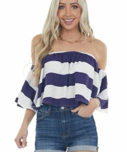 Fantastic Fawn Navy Blue Striped Off Shoulder Flowy Top