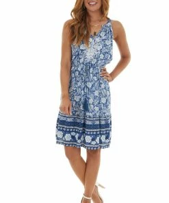 Davi & Dani Dusty Blue Floral Print Notch Neck Short Dress