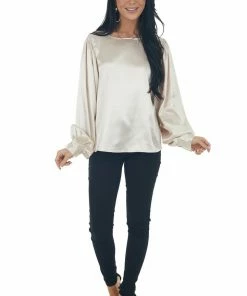 Vine & Love Champagne Printed Long Sleeve Satin Blouse 30 Vine & Love Champagne Printed Long Sleeve Satin Blouse