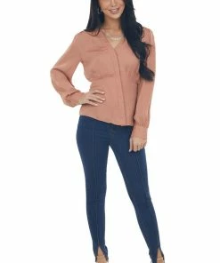 NAKED ZEBRA Tops Dusty Apricot V Neck Drop Waist Satin Blouse