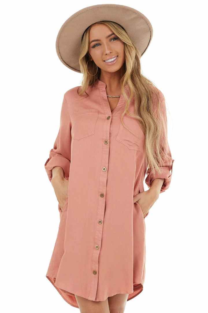 Listicle Terracotta Button Down Collared Short Dress With Pockets Dresses 11 Listicle Terracotta Button Down Collared Short Dress With Pockets Dresses