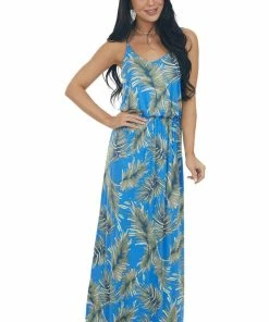 Lush Clothing Cobalt Blue Leaf Print Maxi Dress With Straps Dresses