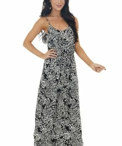 Lush Clothing Dresses Black And Ivory Leopard Print Sleeveless Blouson Maxi Dress