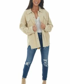 143 Story Buttercream Snap Button Down Corduroy Shacket Tops