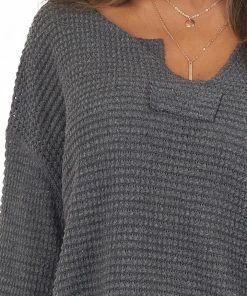 Jodifl Charcoal Grey Waffle Knit Notch Neck Top With Loose Sleeves Tops