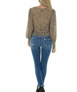 Mittoshop Taupe Leopard Print Button Up Peplum Blouse Tops