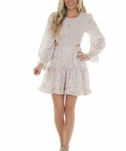 Peach Love Dresses Blush Floral Textured Cut Out Waist Mini Dress