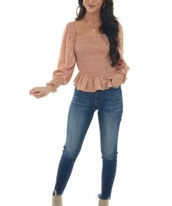 Blu Pepper Dark Coral Dotted Smocked Bodice Peplum Blouse Tops