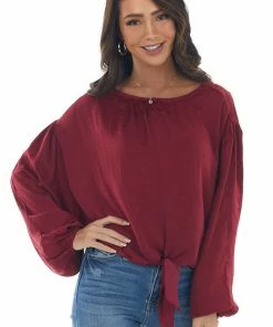 L Love Maroon Bubble Sleeve Blouse With Tie Detail Tops