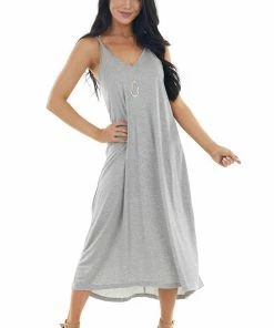 Lush Clothing Dresses Pewter Grey Sleeveless Midi Dress With Criss Cross Straps