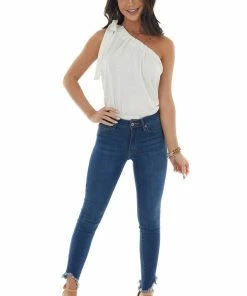 BiBi Ivory One Shoulder Top With Self Tie Strap Tops