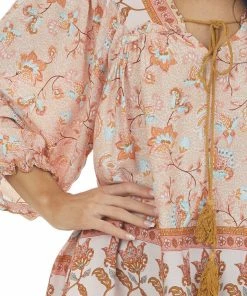 Davi & Dani Tea Rose Floral Blouse With Tassel Detail Tops