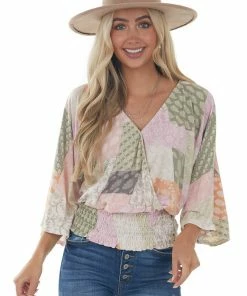 143 Story Pink Printed Long Sleeve Surplice Knit Top Tops