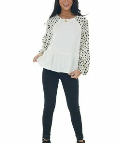 Umgee Tops Off White Animal Print Bubble Sleeve Linen Top