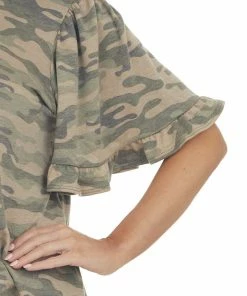 Vine & Love Army Green Camo Print One Shoulder Knit Top Tops
