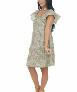 Ces Femme Peanut Floral Square Neck Tiered A Line Dress Dresses