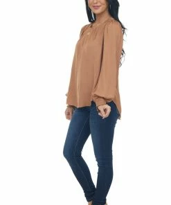 Peach Love Copper Silky Smocked Cuff Curved Hem Blouse Tops