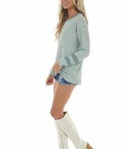Vanilla Bay Sage Green Striped Print Long Sleeve Knit Top