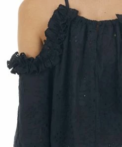 Davi & Dani Black Eyelet Lace Cold Shoulder Halter Neckline Blouse