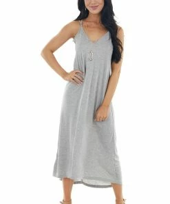 Lush Clothing Dresses Pewter Grey Sleeveless Midi Dress With Criss Cross Straps