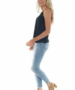 Hem & Thread Tops Black Frayed Scalloped Lace Satin Cami