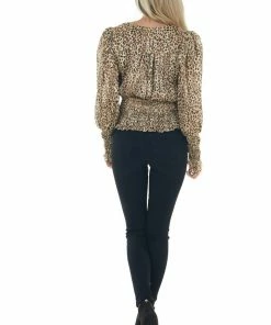 Do + Be Beige Leopard Print Surplice Smocked Blouse 30 Do + Be Beige Leopard Print Surplice Smocked Blouse