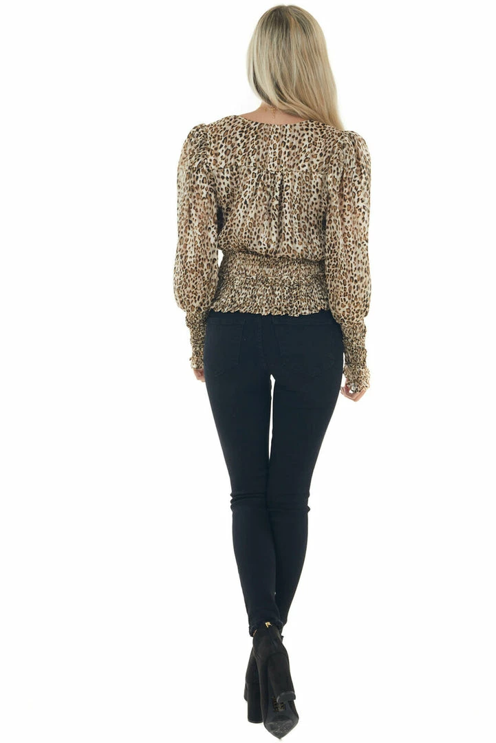 Do + Be Beige Leopard Print Surplice Smocked Blouse 15 Do + Be Beige Leopard Print Surplice Smocked Blouse