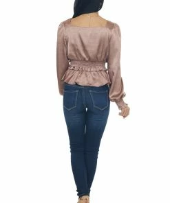 Peach Love Rose Taupe Silky Smocked Peplum Blouse Tops