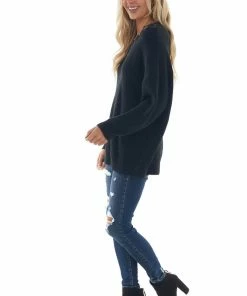 Davi & Dani Tops Black Lace V Neck Long Sleeve Ribbed Sweater