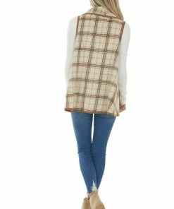 Peach Love Outerwear Oatmeal And Camel Plaid Waterfall Open Front Vest
