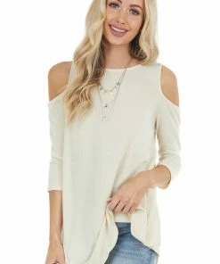 CY Fashion Dark Cream Cold Shoulder Top With Back Criss Cross Detail Tops