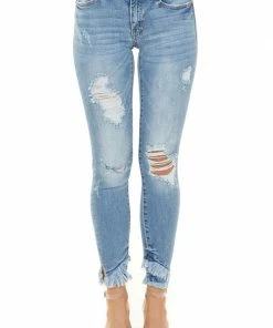 KanCan Medium Wash Distressed Mid Rise Skinny Jeans With Frayed Hem Bottoms 17 KanCan Medium Wash Distressed Mid Rise Skinny Jeans With Frayed Hem Bottoms