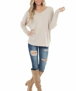 HOPELY Heathered Oatmeal V Neck Knit Top With Long Dolman Sleeves Tops
