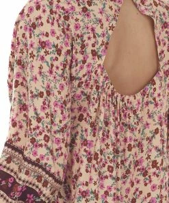Umgee Tops Peach Floral Babydoll Bubble Sleeve Blouse