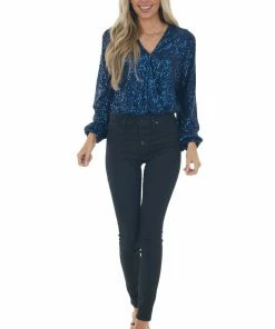 She + Sky Navy Sequined Surplice Blouson Bodysuit