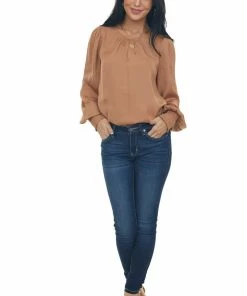 Peach Love Copper Silky Smocked Cuff Curved Hem Blouse Tops