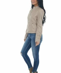 Coalition Taupe Faux Leather Zip Up Racer Jacket 21 Coalition Taupe Faux Leather Zip Up Racer Jacket