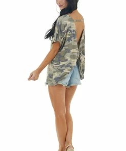 HEIMISH Army Green Camo Print Open Back Knit Top With Twist Detail Tops