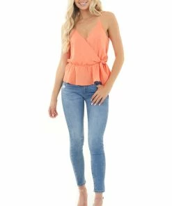 She + Sky Bright Coral Peplum Tank Top With Surplice Neckline And Tie Tops